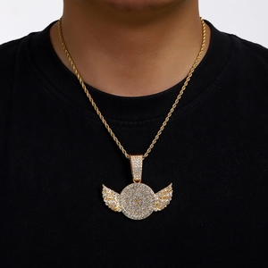 Hip hop gold plated iced out wing pendant necklace with Cuban chain for men on model