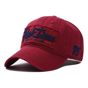 Vintage burgundy cotton baseball cap with blue Peak Time embroidery and curved brim