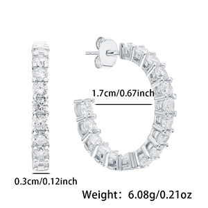 Macro detail of S925 sterling silver hoop earrings with cubic zirconia and dimensions
