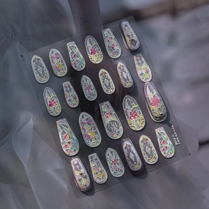 Detail of shell light nail art stickers with vintage floral stained glass window design