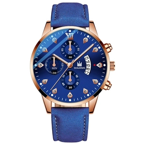 Men Quartz Watch Business Fashion Rhinestone Roman Numeral XII Alloy Case Leather Strap Calendar Date Wristwatch Modern