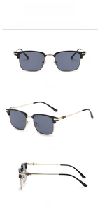 Three-angle view of black gold semi-rimless sunglasses with cross detail on temples