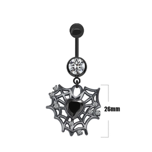 Close-up of heart-shaped spider web navel ring with black gemstone and 26mm measurement