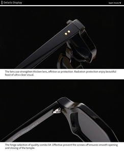Detailed view of durable metal hinges and rivets on vintage thick frame sunglasses