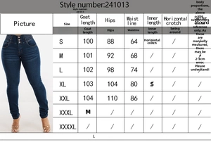 Size chart for high waist stretch skinny jeans showing length, waist and hip measurements