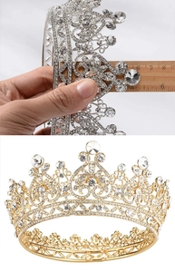 Baroque bridal crown height measurement showing silver and gold rhinestone tiaras