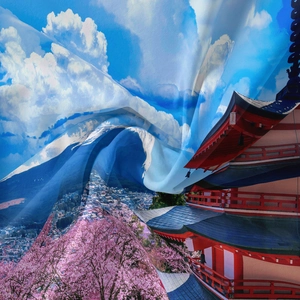 Detailed texture of bohemian tapestry featuring Mount Fuji and cherry blossoms