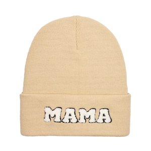 Winter knitted beanie for women featuring MAMA towel embroidery on a khaki folded cuff