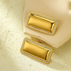 Luxurious 18k gold plated stainless steel rectangular stud earrings with white zircons