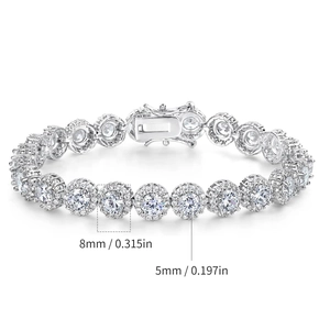 5mm round tennis bracelet in white gold finish with 8mm halo cubic zirconia settings