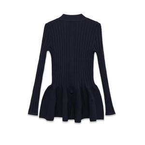 Navy blue ribbed knit cardigan with V-neck and stylish peplum hem for women