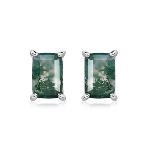 925 Sterling Silver Natural Moss Agate Stud Earrings Geometric Rectangular Emerald Cut Green Gemstone Jewelry For Women