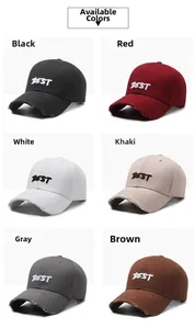 Detail of vintage distressed baseball caps with BEST embroidery in six various colors