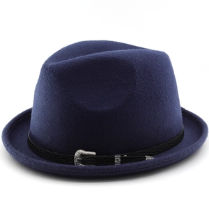 Classic dark blue wool fedora hat with rolled brim and vintage silver buckle leather band
