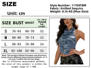 Size chart for halter sequin crop top with detailed measurements in centimeters