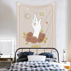 Detail of Aries constellation tapestry with fingers, roses and celestial elements