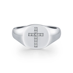 Polished S925 sterling silver signet ring featuring a micro-paved moissanite cross design