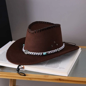 Dark brown faux suede western cowboy hat with ethnic braided band and turquoise bead decor