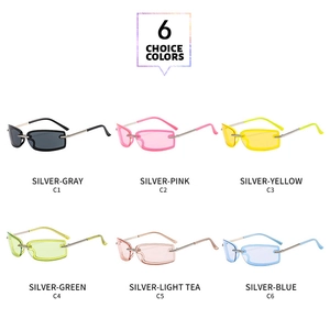 Detailed view of square frameless Y2K sunglasses in six vibrant gradient candy colors