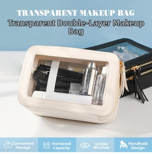 Dual-layer travel makeup bag with transparent window and sturdy PU leather handle