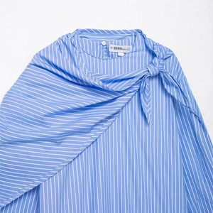 Blue and white striped long sleeve shirt with unique shawl collar and side tie design
