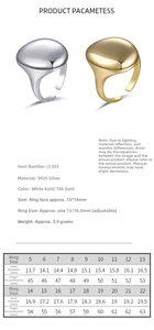 Size chart showing inner diameter and finger circumference for 925 silver rings