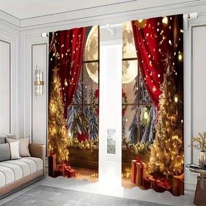 Rideaux de Noël à impression numérique avec scène de nuit enneigée et sapin décoré