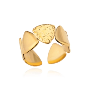 Detailed close-up of 18k gold plated adjustable ring with hammer texture and shield elements