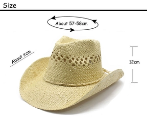 Detailed size chart for the woven straw cowboy hat showing dimensions and circumference