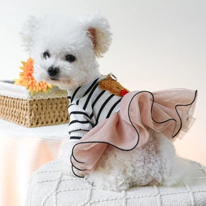 Detail of pet dress featuring striped knit top, pink mesh skirt, and bear pattern back