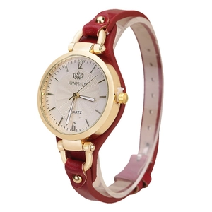 Elegant red leather strap quartz watch for women with gold round case and punk rivets