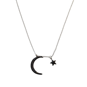 Elegant silver chain necklace with black crystal paved moon and star pendant charms