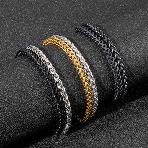Men's punk style stainless steel braided chain bracelet in gold, silver, and black