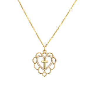 Minimalist gold heart necklace with cross pendant and micro-set cubic zirconia stones