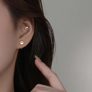 Cute S999 sterling silver cat paw stud earrings with sparkling cubic zirconia stones