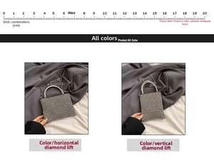 Detailed comparison of horizontal and vertical rhinestone evening bags with size scale