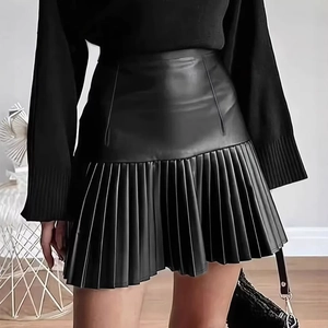 Damen PU Leder Faltenminirock Hohe Taille A-Linie Akkordeon Kurze Röcke Metallic Silber Schwarz Mode Streetwear