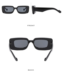 Three-way view of rectangular sunglasses showing front, side, and back frame details