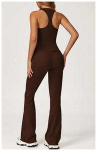 Detail view of racerback tank top and high waist flared yoga pants in dark coffee brown
