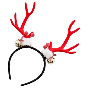 Serre-tête de renne de Noël avec bois rouges, pompons blancs et cloches dorées
