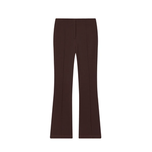 Deep brown high-waisted flare pants with decorative stitching on white background