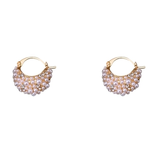 Elegant French court style gold hoop earrings with encrusted pearls and shiny rhinestones