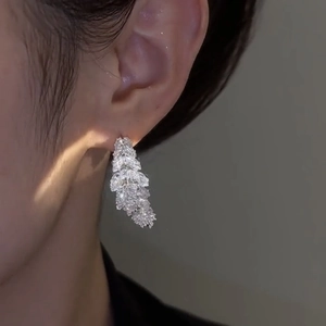 Elegant zircon leaf earrings with sparkling stones shown on a model in silver finish
