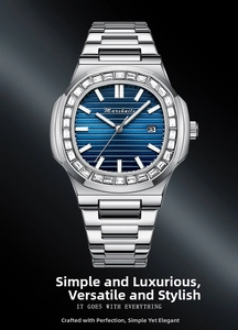 Macro shot of silver stainless steel watch featuring a diamond-set bezel and blue textured dial