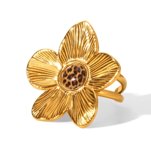 18k gold plated stainless steel flower ring with leopard print center on white background
