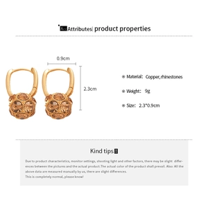 Detailed dimensions of gold-plated geometric sphere hoop earrings with brown rhinestones