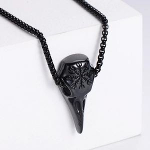 Gothic Viking raven skull pendant with Nordic runes on a black square link chain