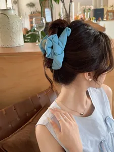 Close-up of light blue pleated fabric hair claw clip worn on a high bun hairstyle
