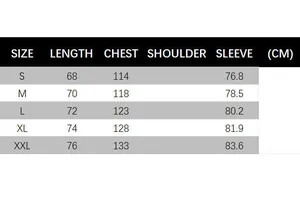 Detailed size guide table for American style men hooded knit jacket from S to XXL
