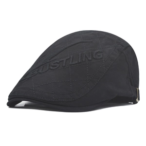 Classic black quilted beret flat cap for men with BUSTLING embroidery and adjustable strap